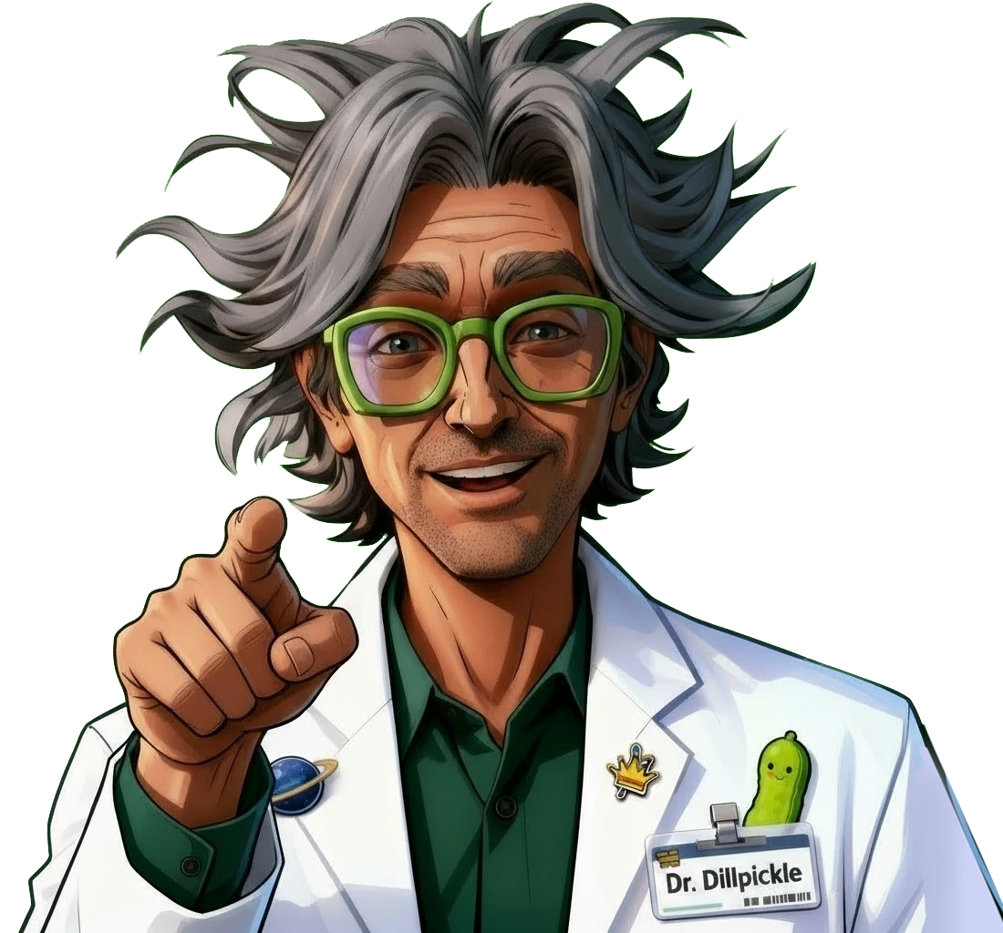 Dr. Dillpickle, the scientist who leads Operation Save Humanity, pointing at the viewer